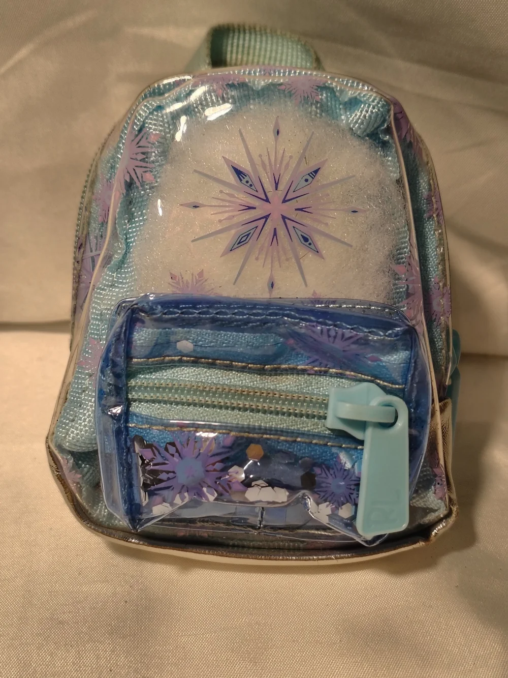 Children's Mini Backpack Purse in Light Blue with Purple Snowflake Design